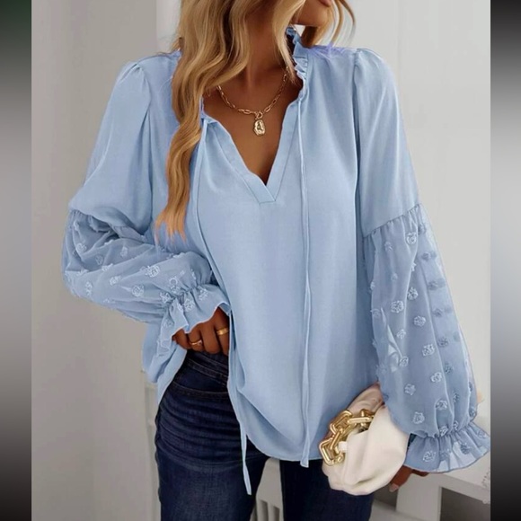 Boho Swiss dot frill trim tie neck blouse blue - Picture 2 of 16